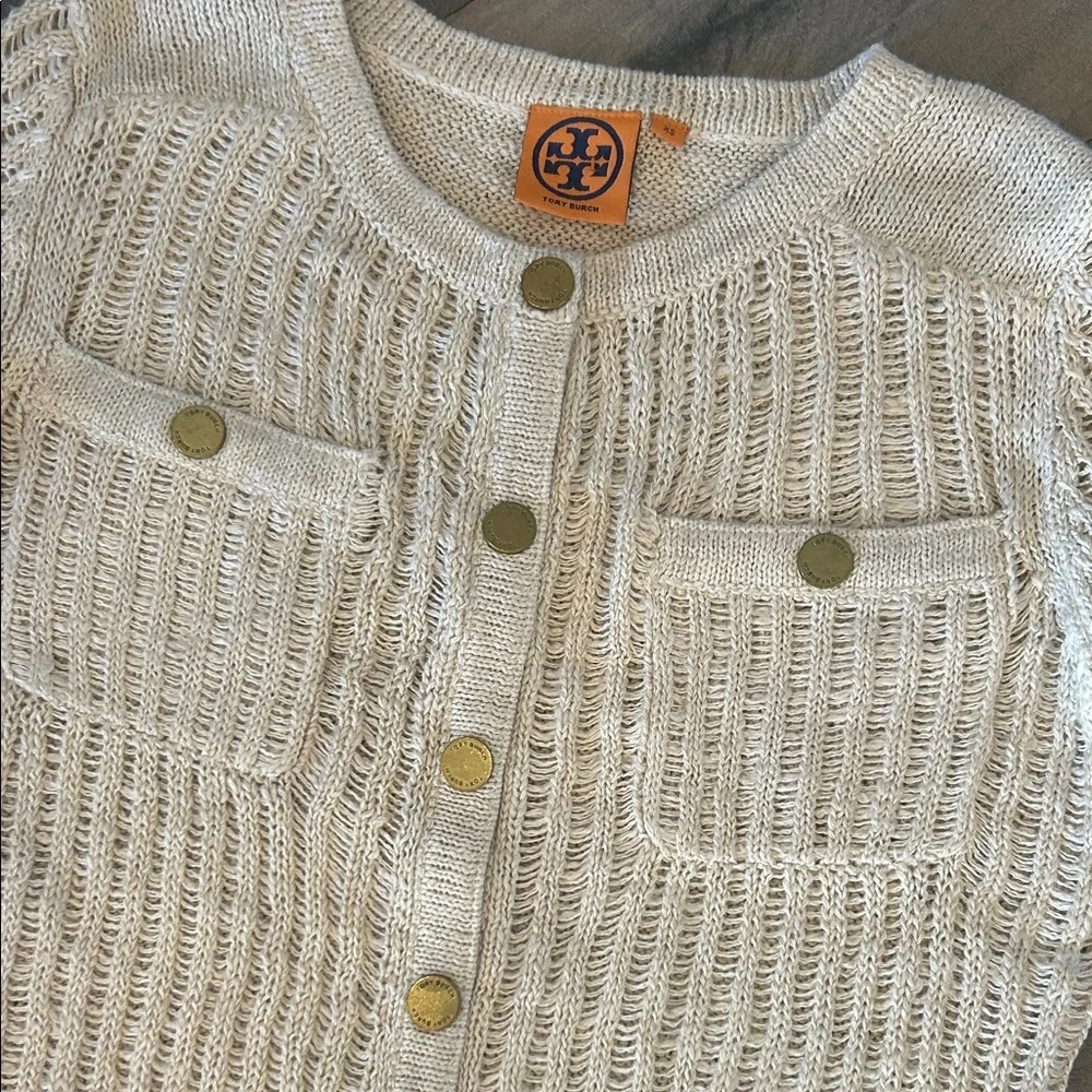 Tory Burch Cream Open Knit Button-Front Cardigan