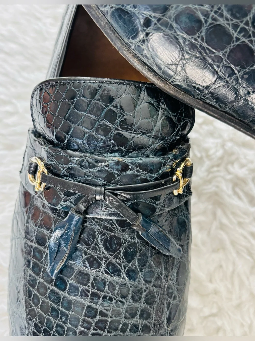 Vintage Genuine Croc Skin Navy Blue Leather Customized Slip On Shoes 10.5