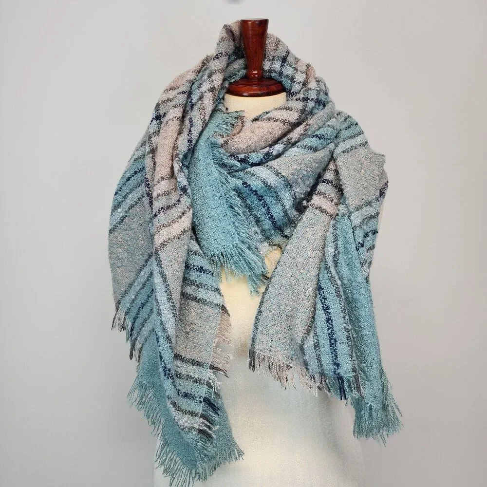 Simply Southern Chunky Knit Plaid Scarf Shawl Wrap Blue Pink Oversized 55x55