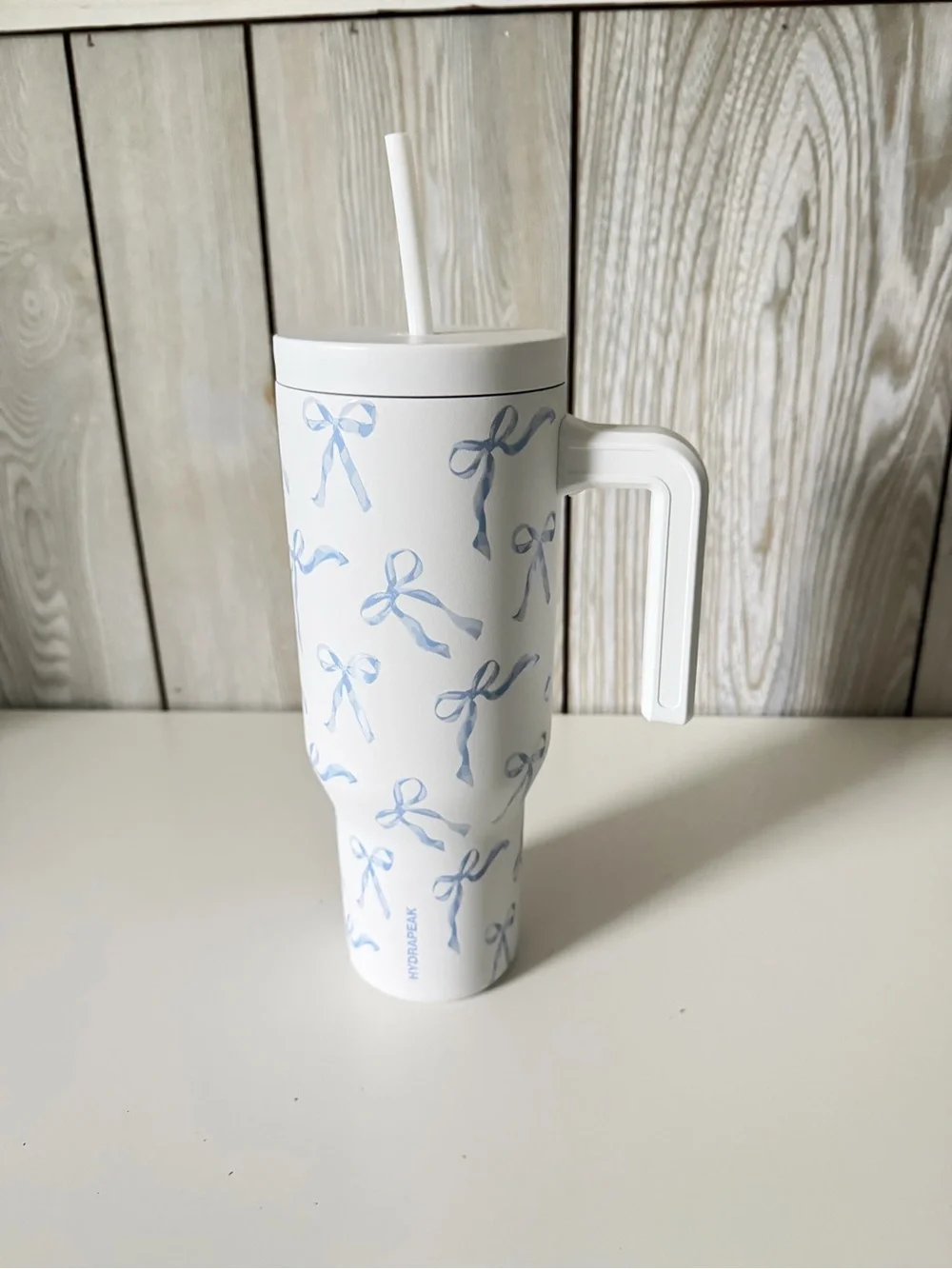 White & Light Blue Bow 40oz Travel Tumbler with Handle Water Bottle
