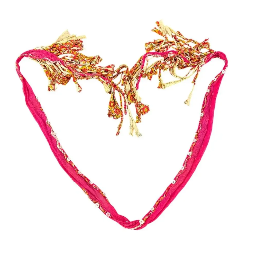 Vintage Boho Pink- Buttons- Skinny Neck scarf Rave- Y2K Fringe 72