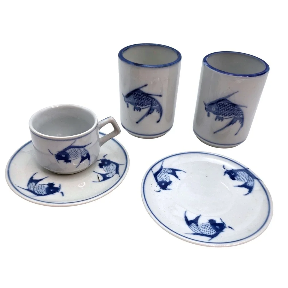 Pier 1 Blue White Koi Fish Ceramic Tea Tumblers and Espresso Cup Saucer Set