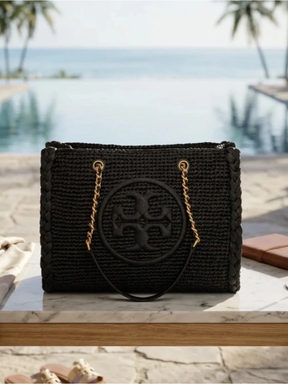 NEW Tory Burch Ella Melange Chain Strap Black Raffia Small Tote Bag