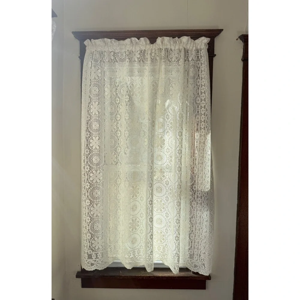 Vintage‎ Cream Floral Lace Curtain Panel Medallion Pattern 60x64 Rod Pocket