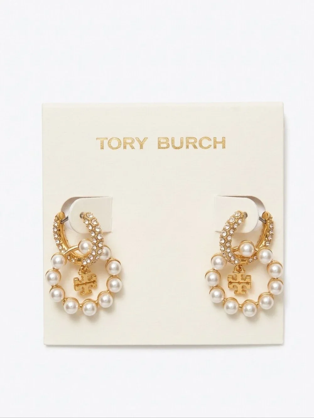 Tory Burch Gold and Pearl Hoop Drop Earrings with Pearl Charm
