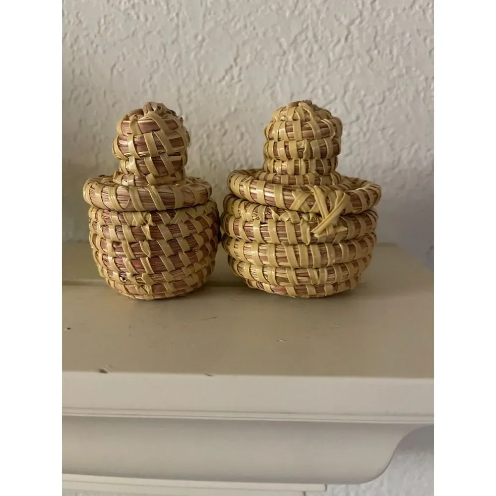 Set 2 Mini Sweetgrass Basket with Lids, Charleston South Carolina, 2.5
