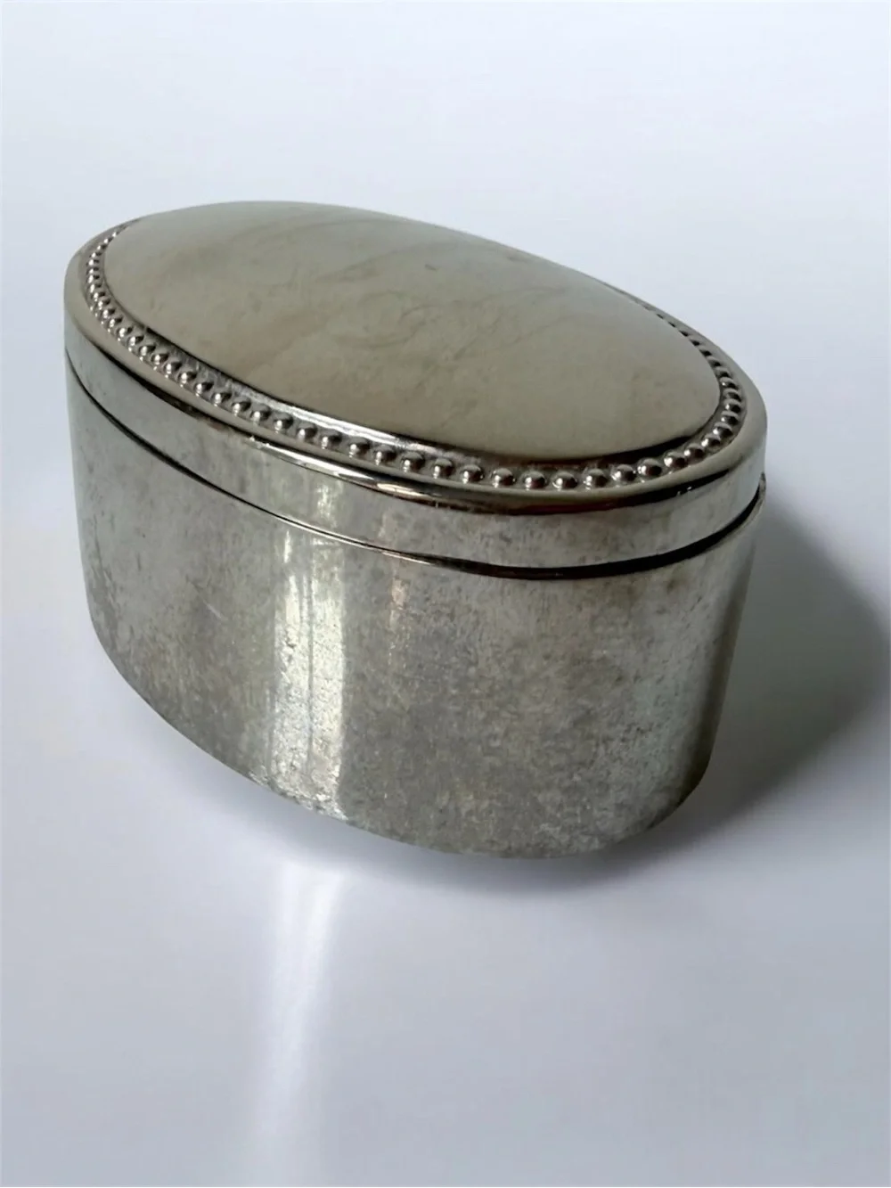 Vintage Oval Silver-tone Trinket Jewelry Box monogrammed