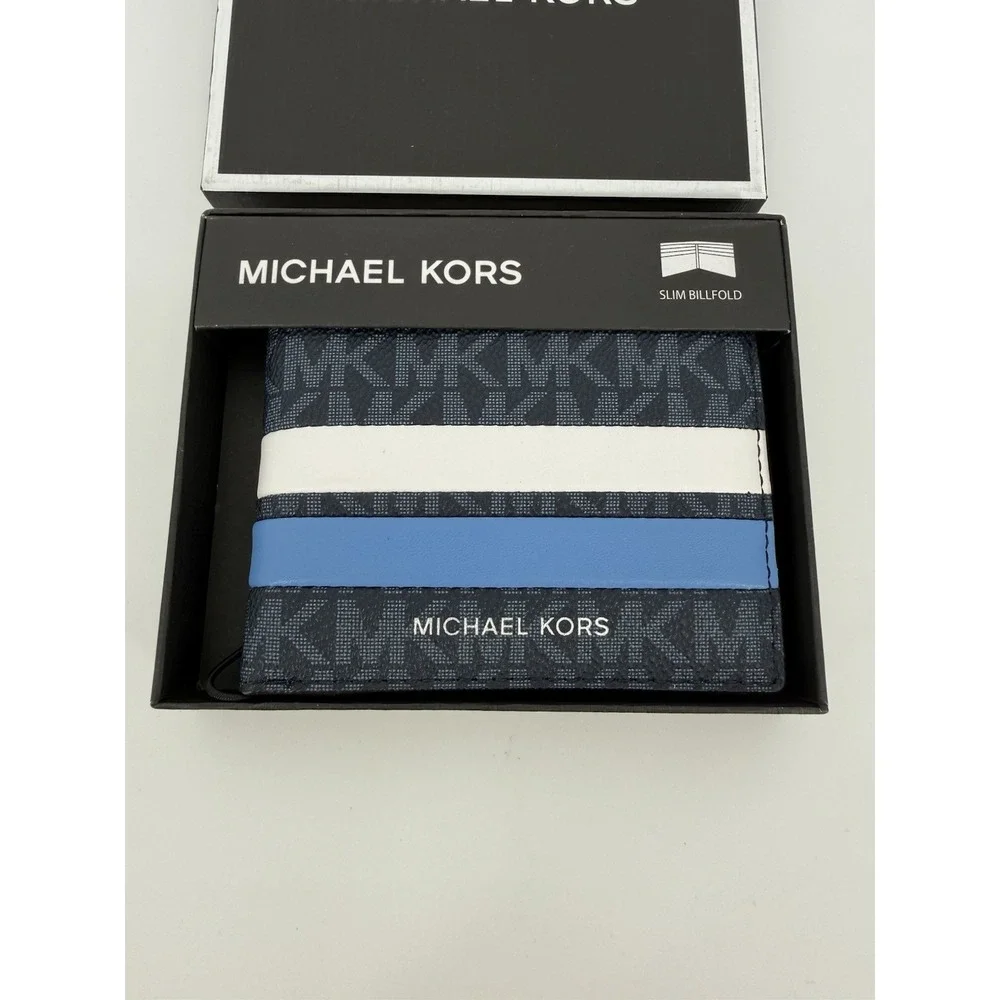 Michael Kors Men's Malone Slim Stripe Logo Wallet Billfold Blue White OS $78