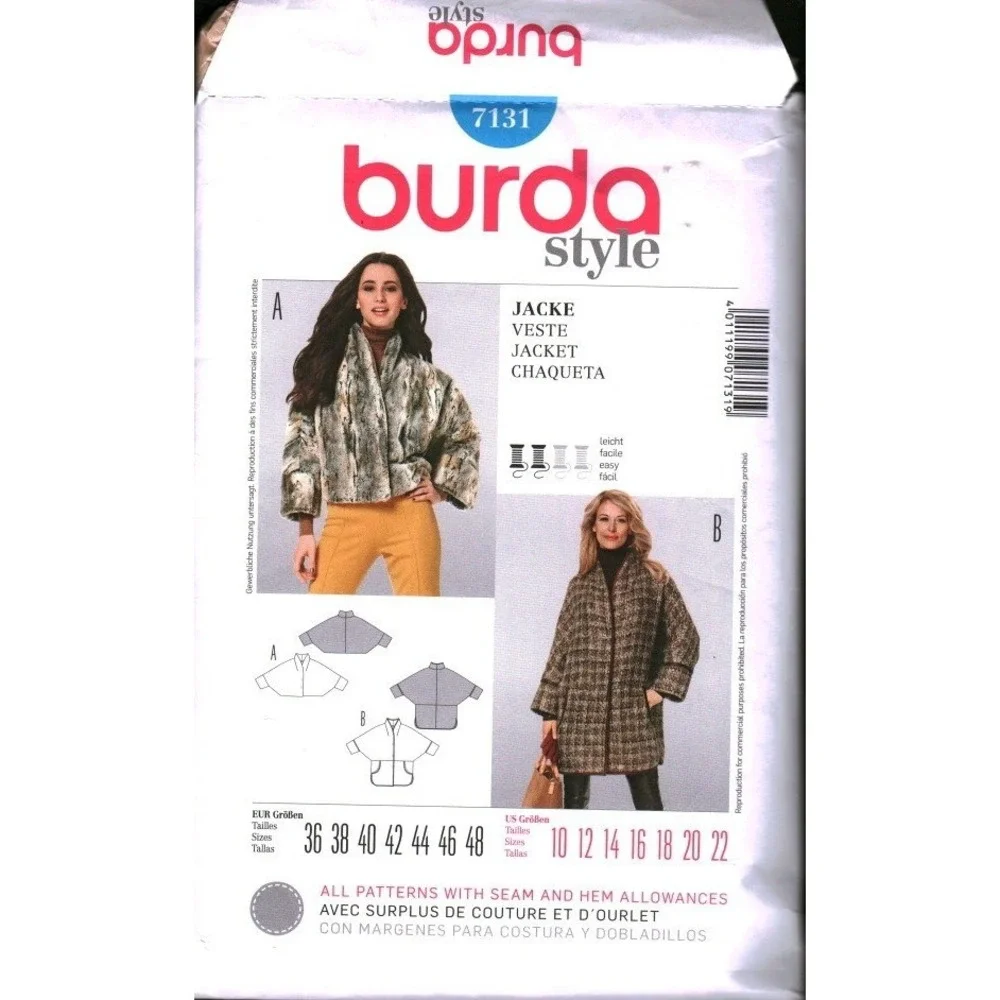 Burda‎ Style 7131 Sewing Pattern Womens Loose Jacket Coat Size 10-22 cut