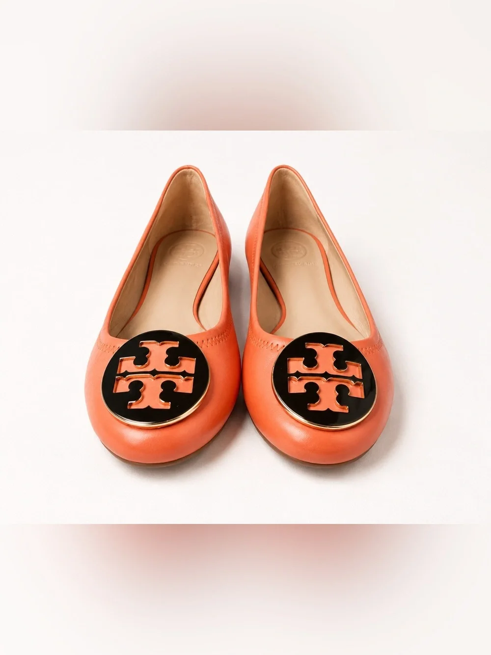 Tory Burch Reva Ballet Flats Coral Orange Leather Logo Shoes Women’s Size 5M