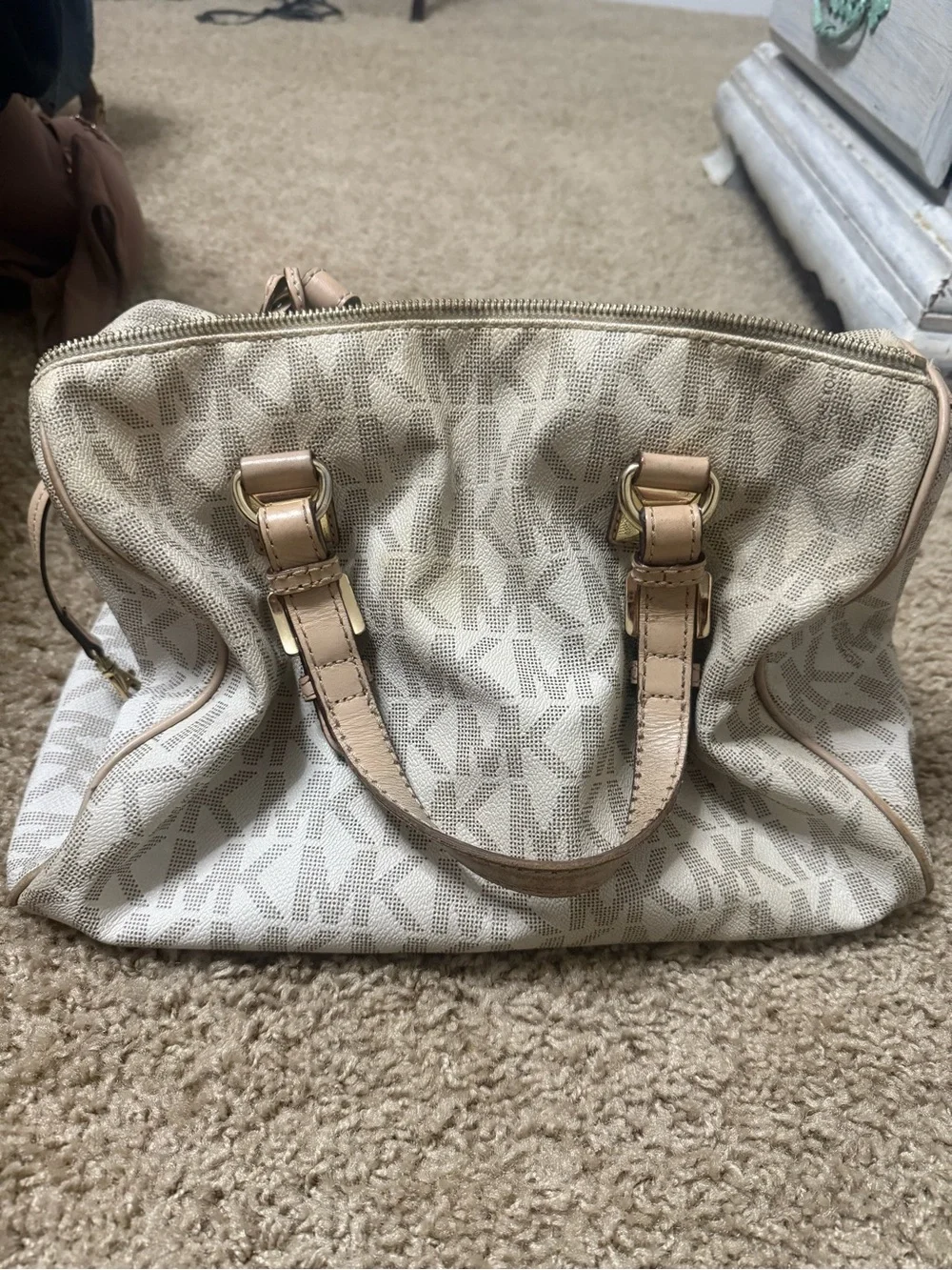 Michael Kors Cream Logo Satchel with Tan Leather Trim