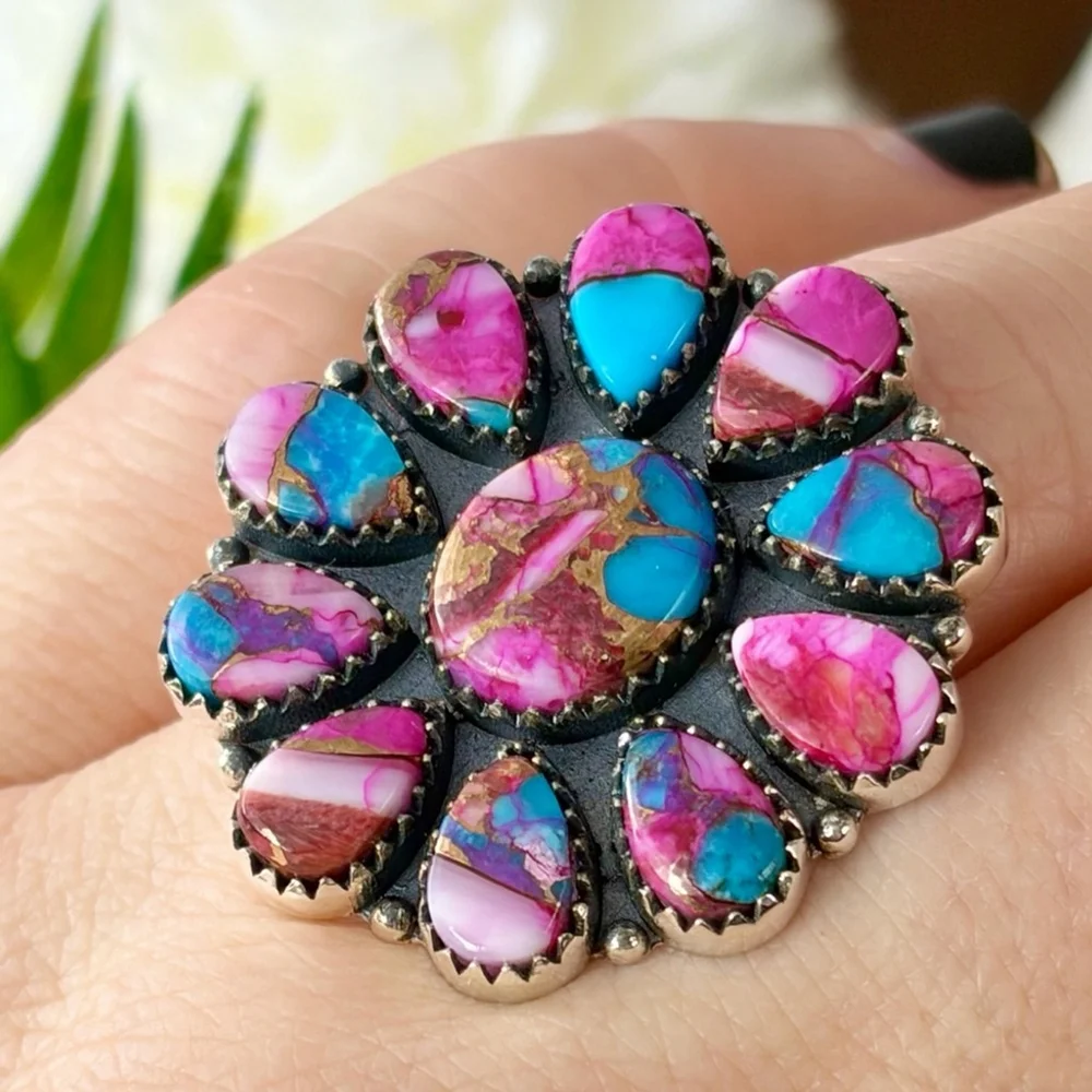 Pure Sterling Silver 925 Pink Dahlia Turquoise Cluster Ring 7 1/4 Navajo Style