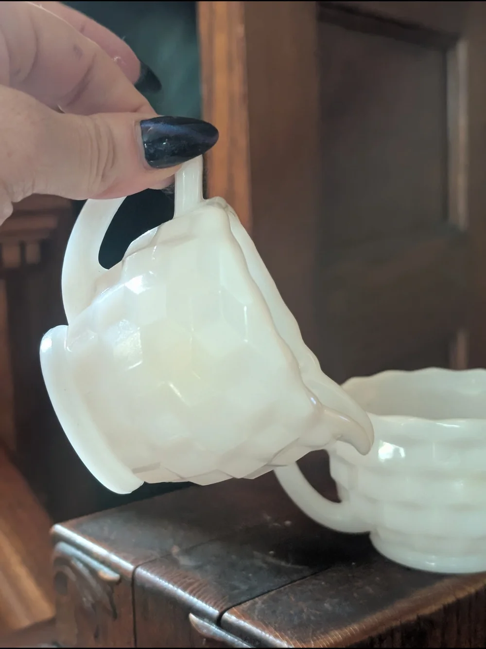 Vintage Jeanette Vintage Milk Glass Cream and Sugar Geometric EUC