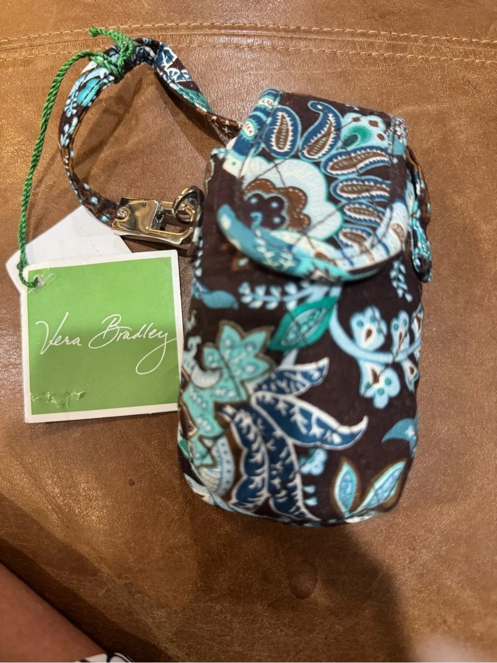 Vera Bradley Brown Teal Floral Quilted Key & Card Holder Wristlet