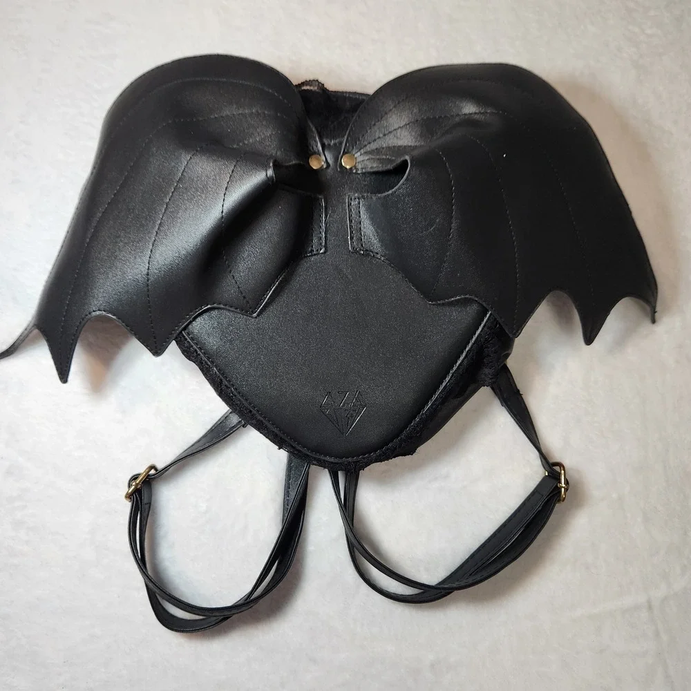 Black Heart Bat Wing Gothic Lace Backpack Faux Leather Alt Dark Academia Gold