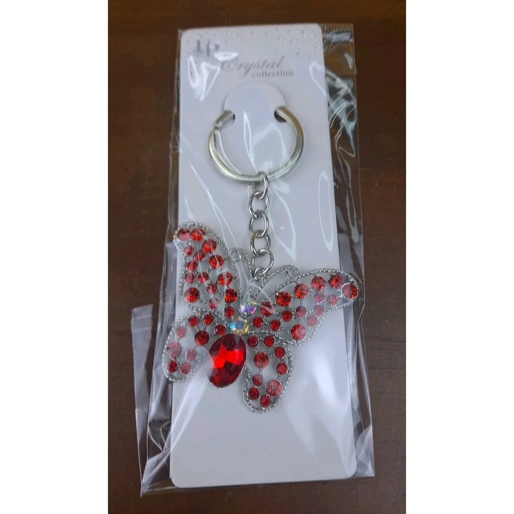 NIP Crystal Collection Red Crystal‎ Butterfly Silver Tone Keychain Backpack