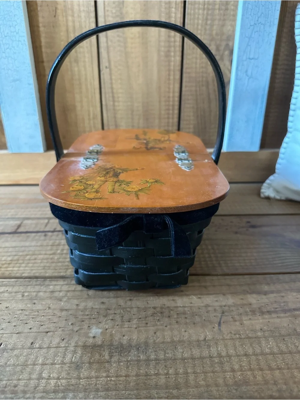 Handcrafted Decorative Sewing Basket with Painted Wood Lid - Black and Brown