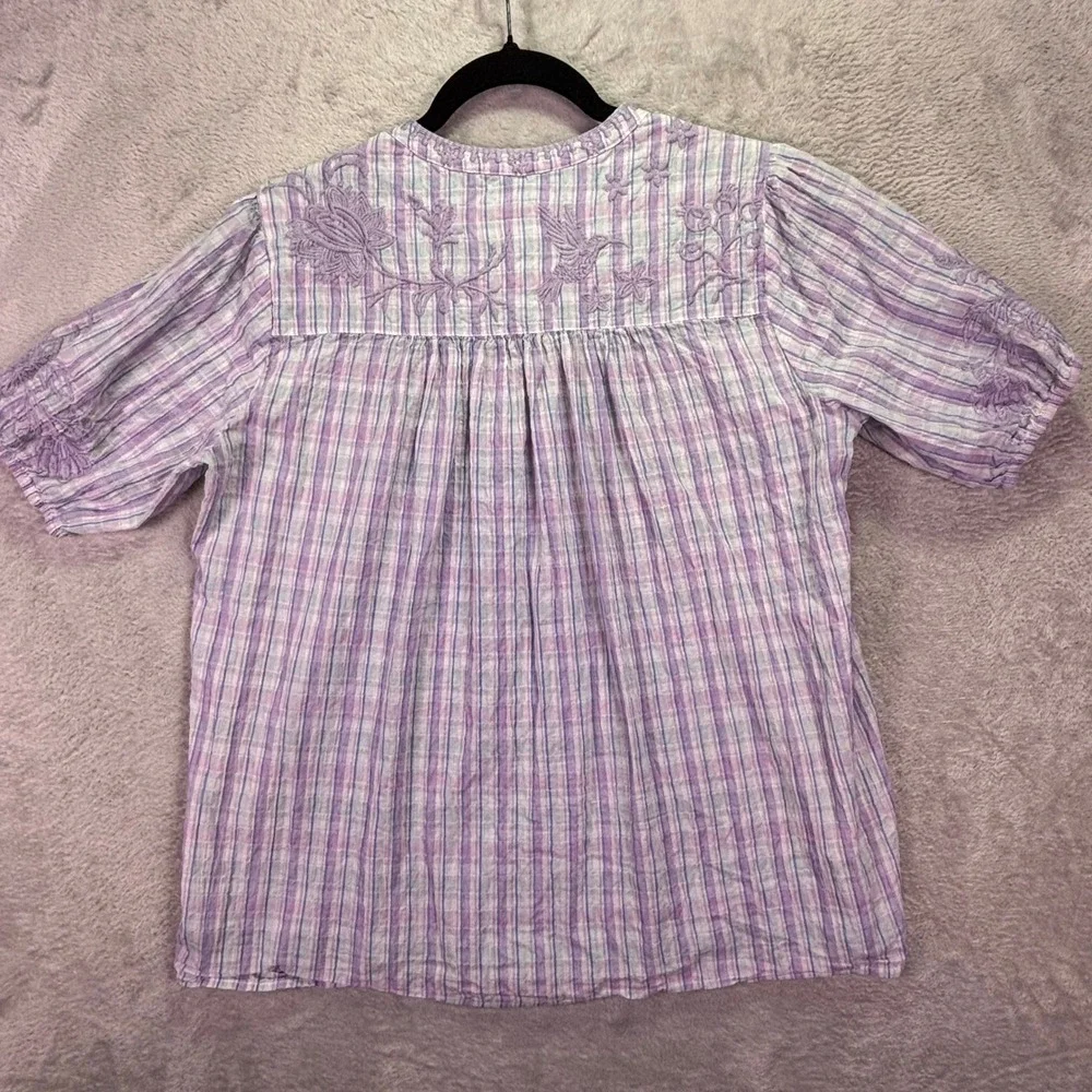 Johnny Was Womens Blouse Sz XS Purple Plaid Embroidered Hummingbird Puff Sleeve