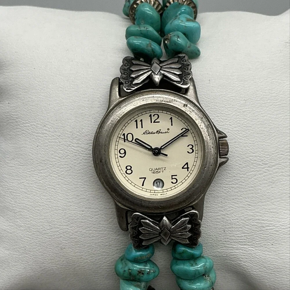 Eddie Bauer V173 Womens Watch 27mm Turquoise Beaded 925 Bracelet New Battery