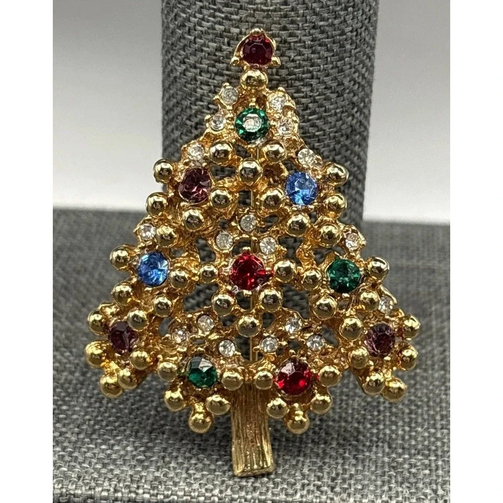 Vintage Colorful Christmas Tree Brooch Rhinestone Red Green Blue Gold Tone
