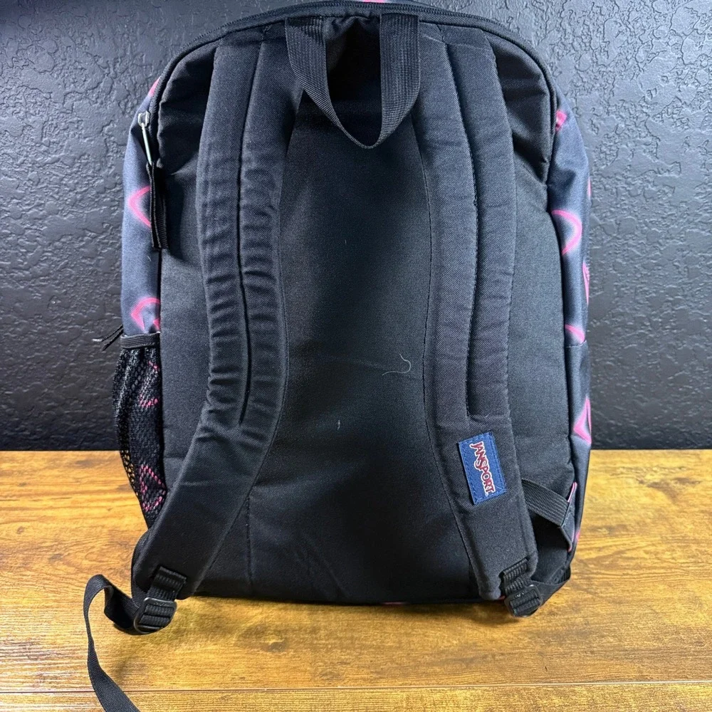 JanSport Big Student JS0A47JK Black Pink Heart Polyester Backpack Unisex OS