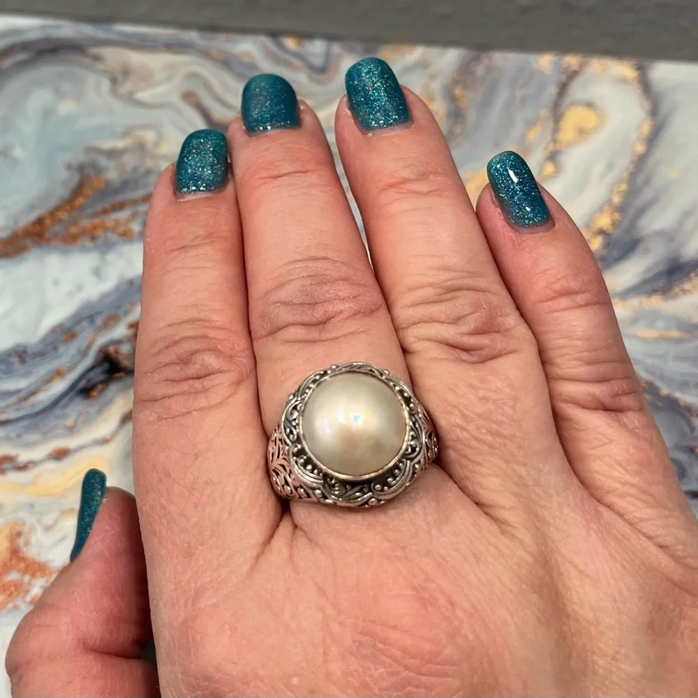 SARDA White Mabe Pearl ring size 10 designer Sterling Silver ring