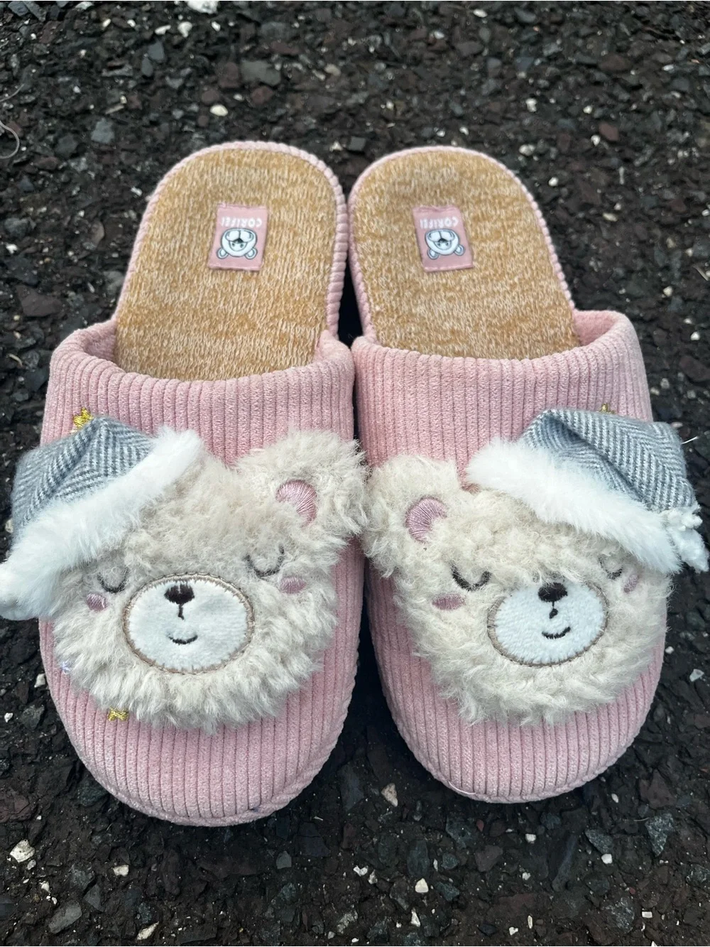 Kids Pink Bear Plush Slip-On Slippers with Cozy Lined Insole
