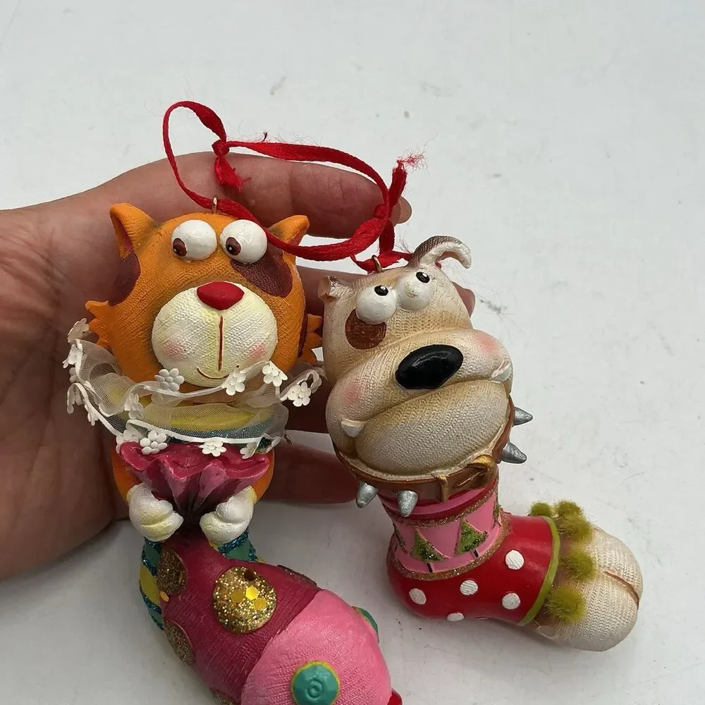 Whimsical Cat Dog Christmas Stocking Ornaments Lot of 2 Resin Fabric