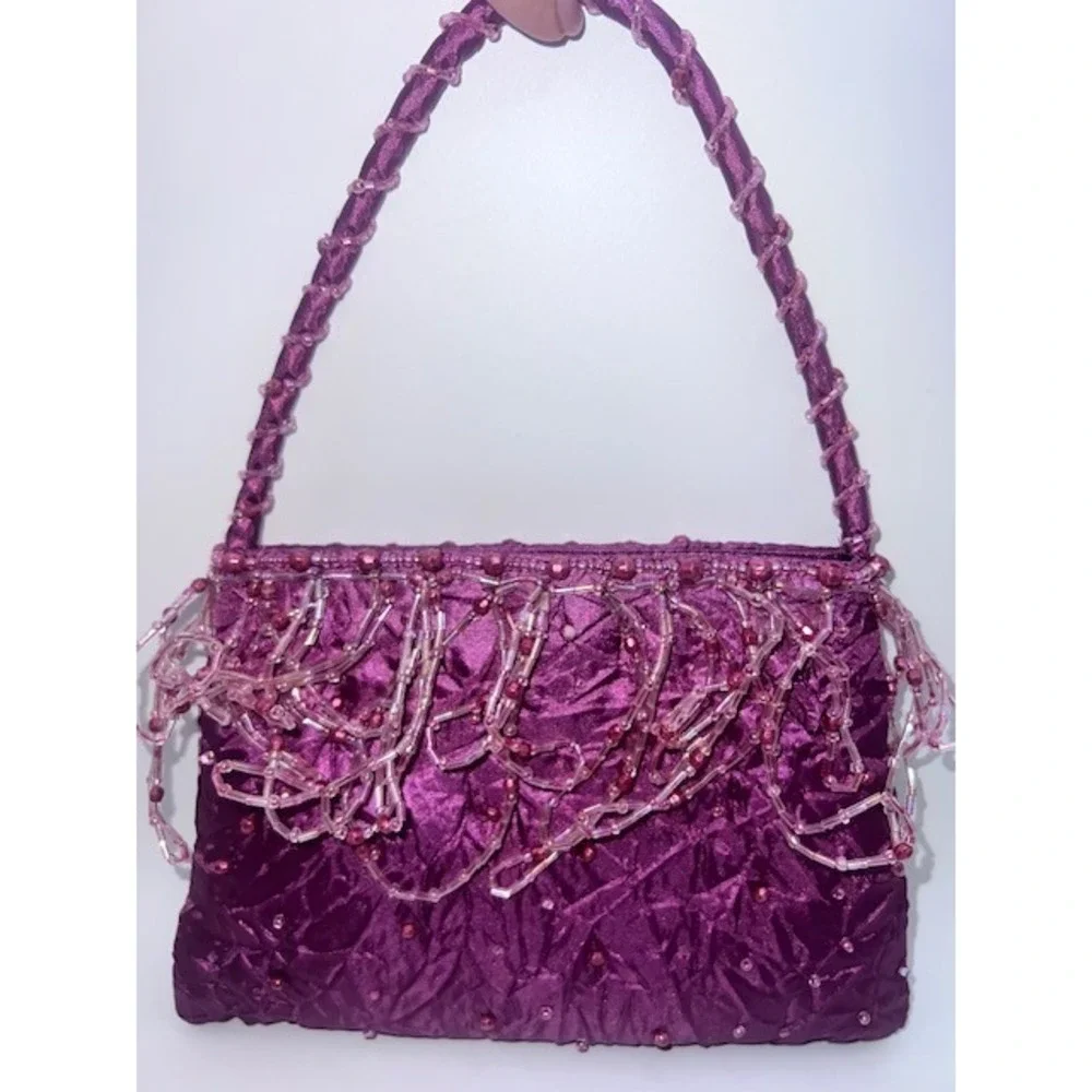 VTG Y2K FarNine Fuchsia Crinkle Satin Beaded Fringe Bag 2000s Whimsygoth Party