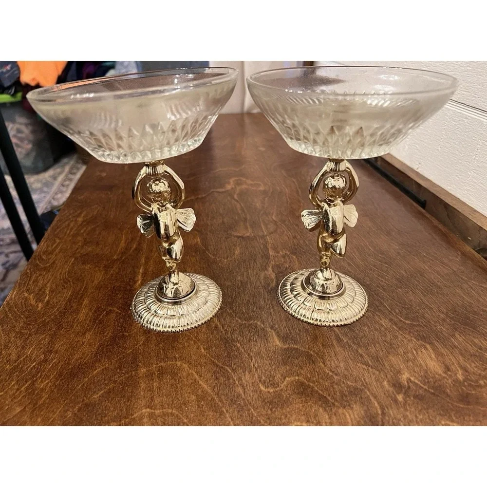 Pair Vintage Pedestal Angel/Fairy Compote Hollywood Regency Trinket Candle Dish