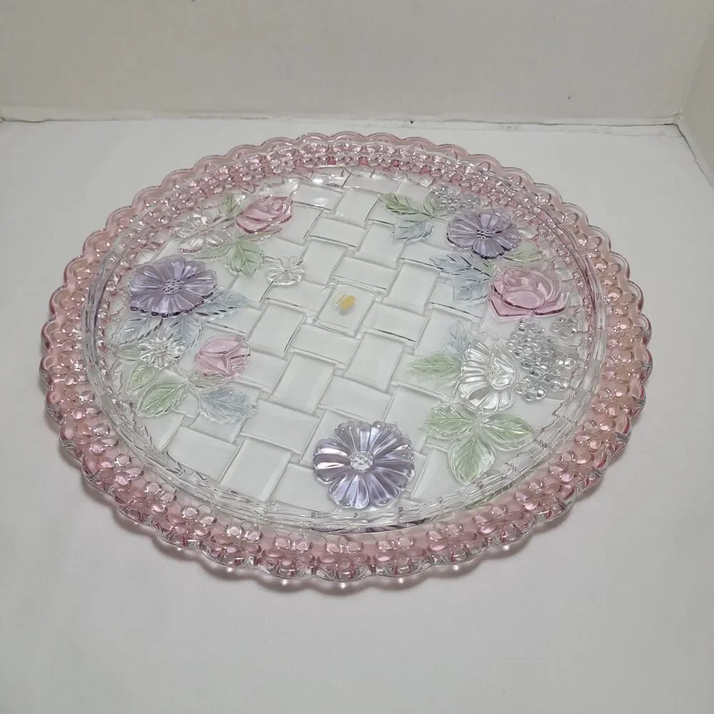 Riccardo Cake Plate Platter Glass Lattice Floral 13
