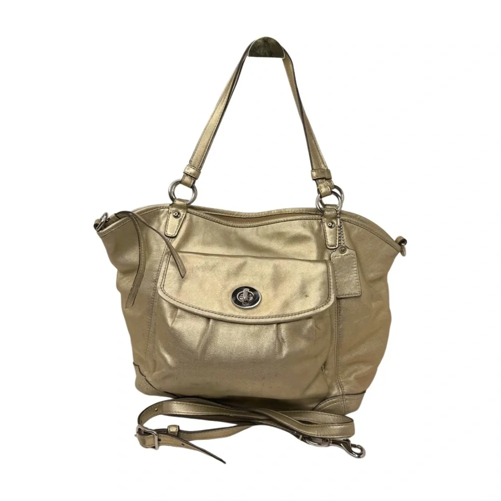 Coach 2008 Metallic Leather Two Way Bag Satchel 18173 Gold Turnlock