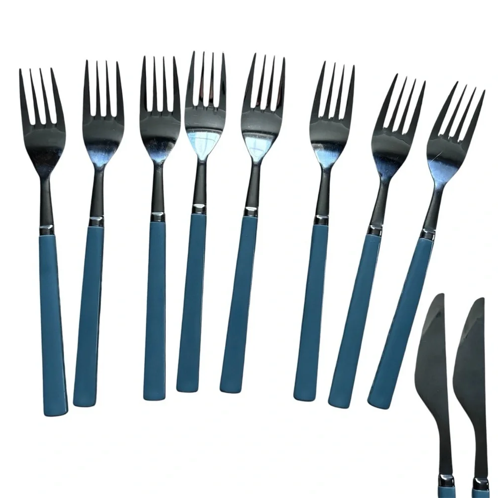 Vintage Melamine Set Stainless Steel Flatware Blue 7 Knives 8 Forks Set of 15
