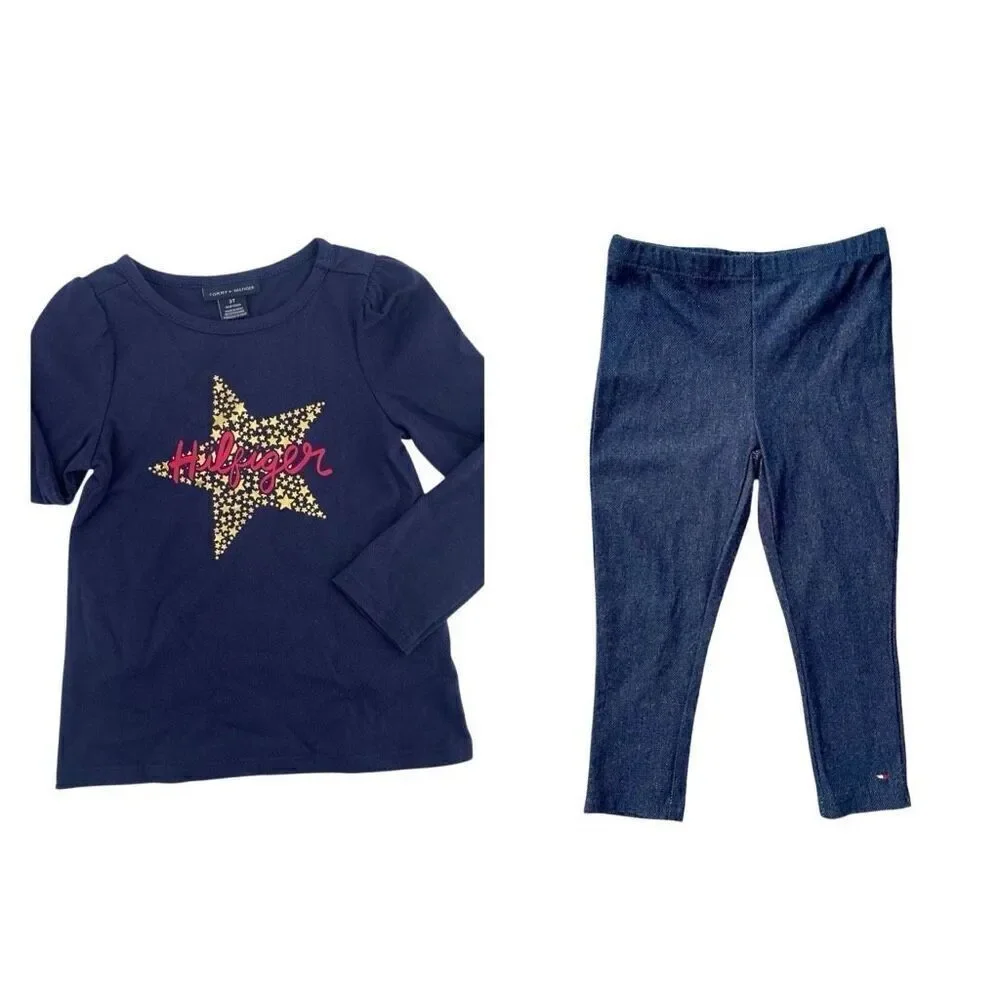 Tommy Hilfiger Toddler Girl’s Gold Star Long Sleeve Tee and Leggings Set 3T