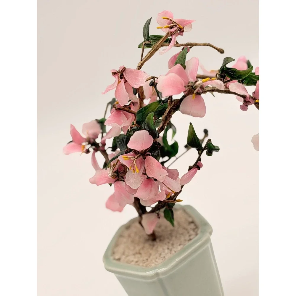 Vintage Glass Cherry Blossom Bonsai Tree Celadon Ceramic Pot Pink Green Asian