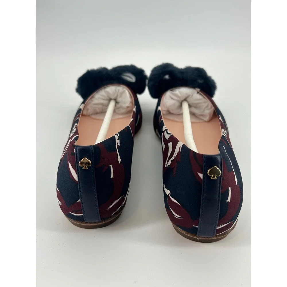Kate Spade Elen Flats Size 8 Navy‎ Multi Fox Print Pom Pom New In Box