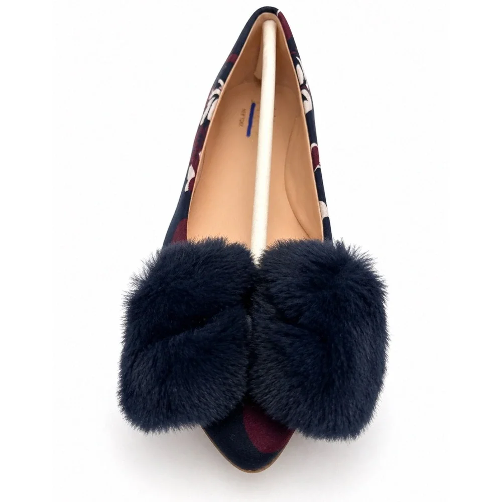 Kate Spade Elen Flats Size 8 Navy‎ Multi Fox Print Pom Pom New In Box