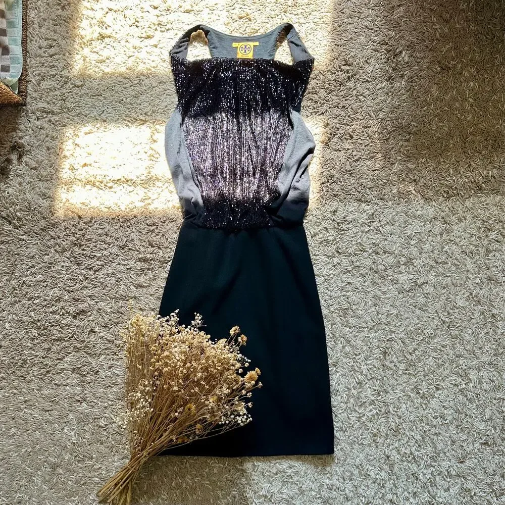 Black Tory Burch Sequin Sleeveless Pencil Dress Wool Nylon Women’s Size S
