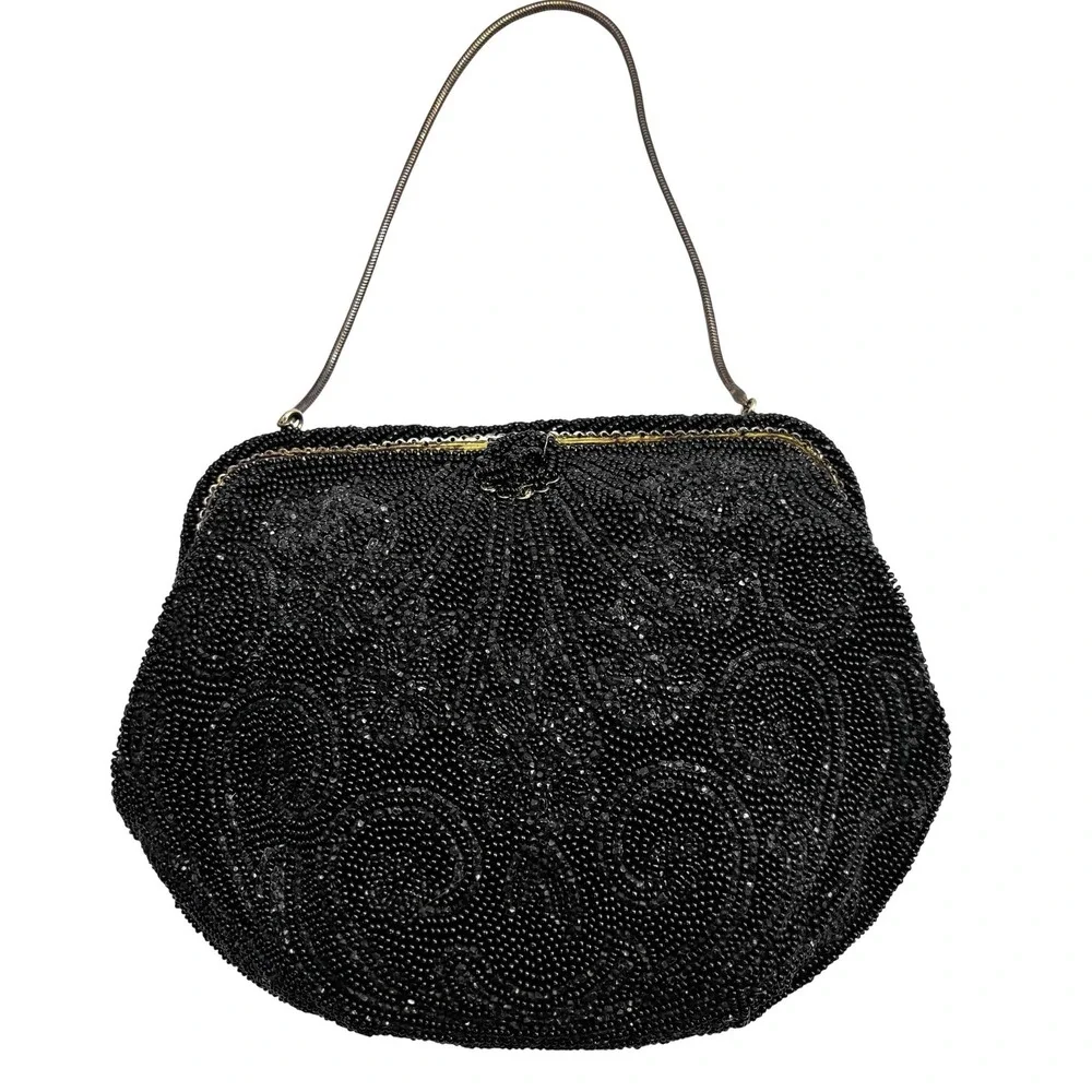 Vintage Chunn Paris Black Beaded‎ Evening Bag Handbag Made in France Gold Frame