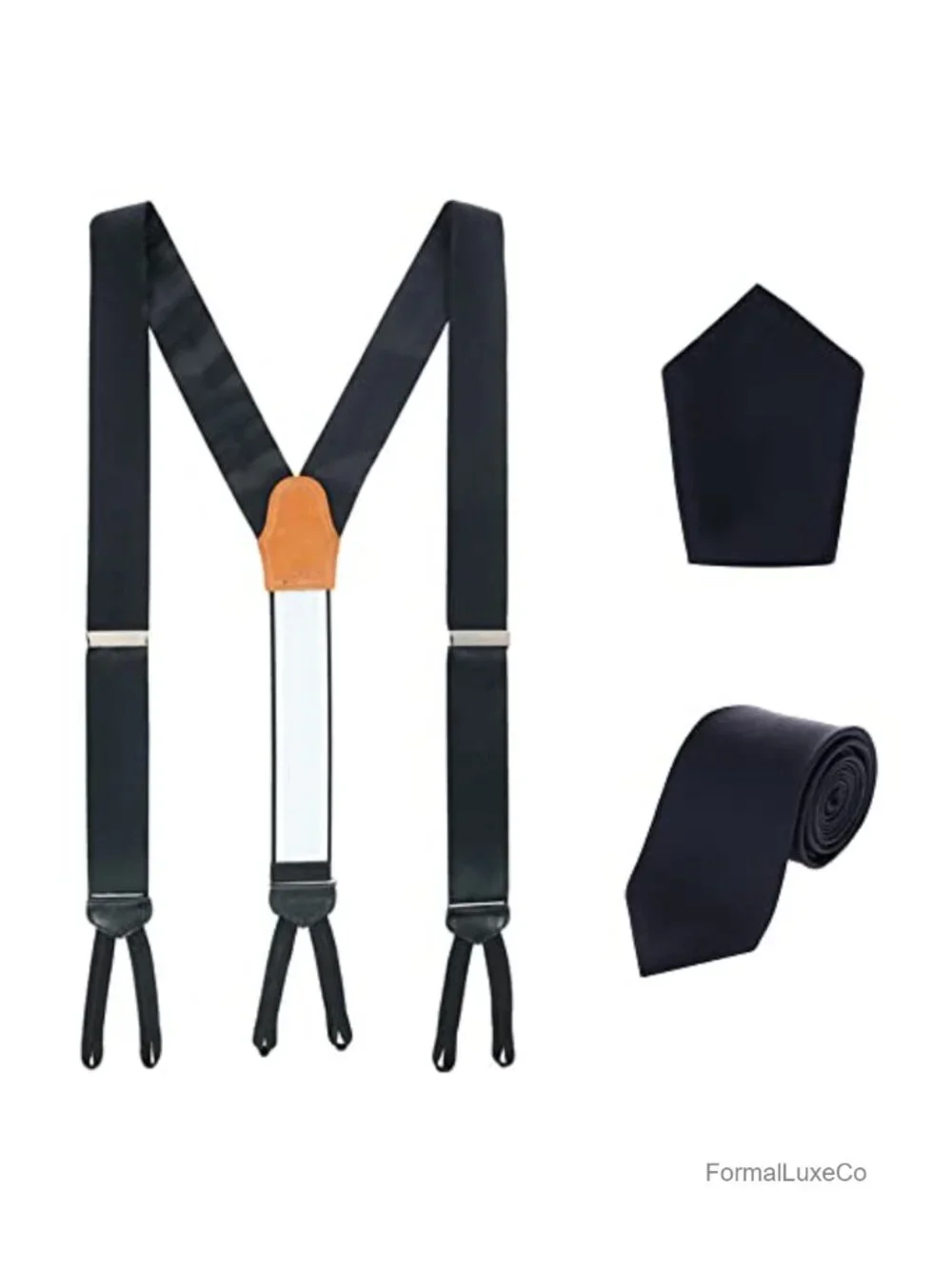 Silk Necktie & Pocket Square Set with Suspenders, Adjustable, Formal