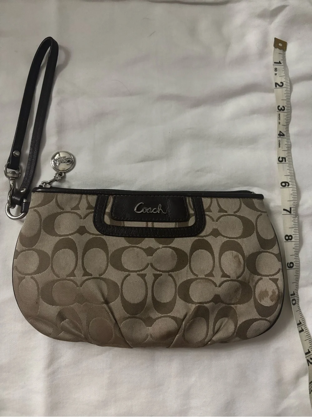 Coach Signature Logo Wristlet in Beige and Dark Brown