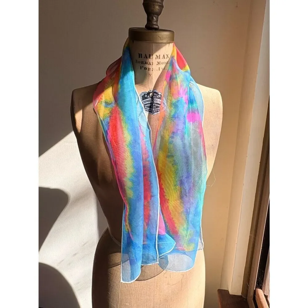 Vintage Sheer Rainbow Scarf Watercolor Lightweight Chiffon
