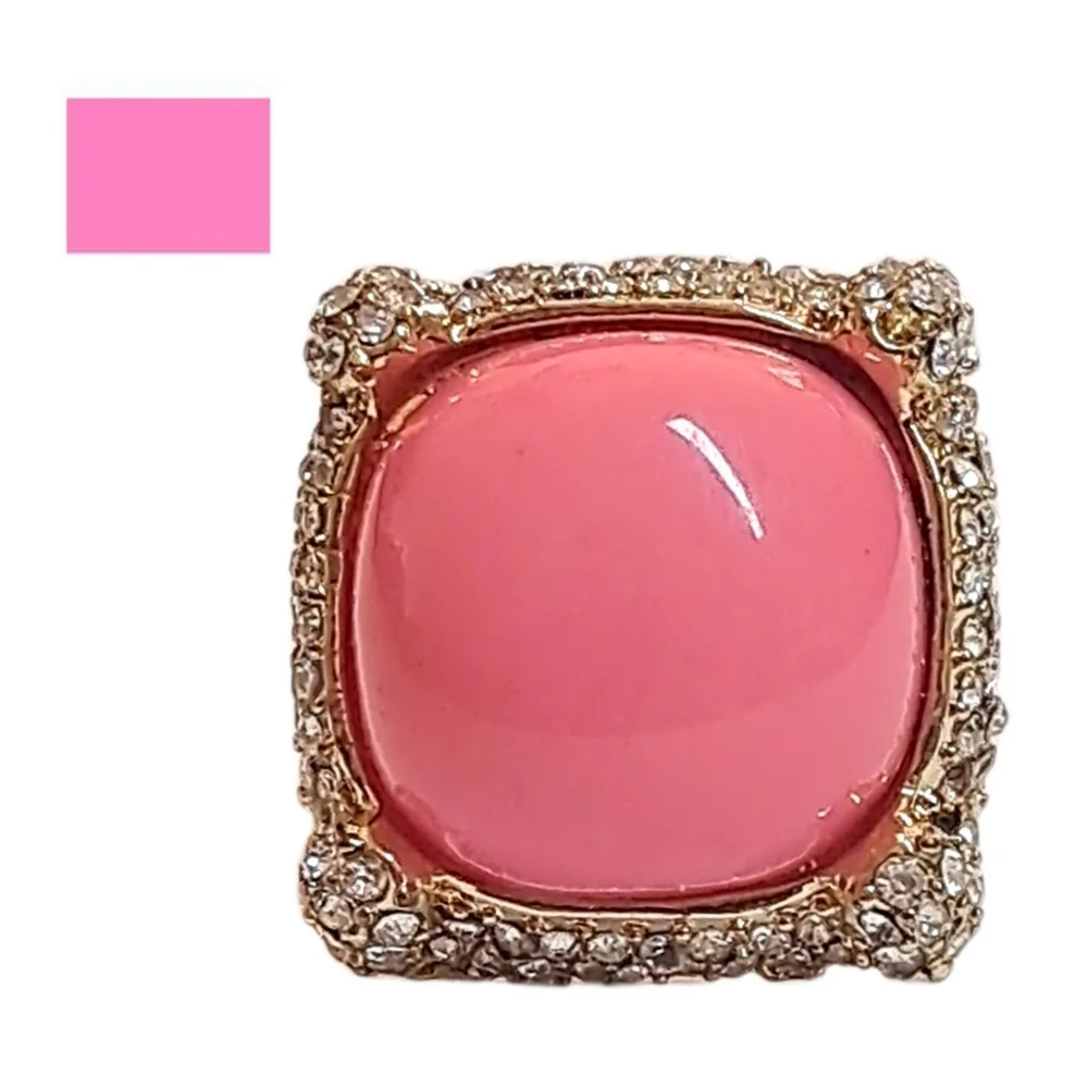 Vivid Hot Pink Faux Stone Gold Tone Ring with Rhinestones | Size 7