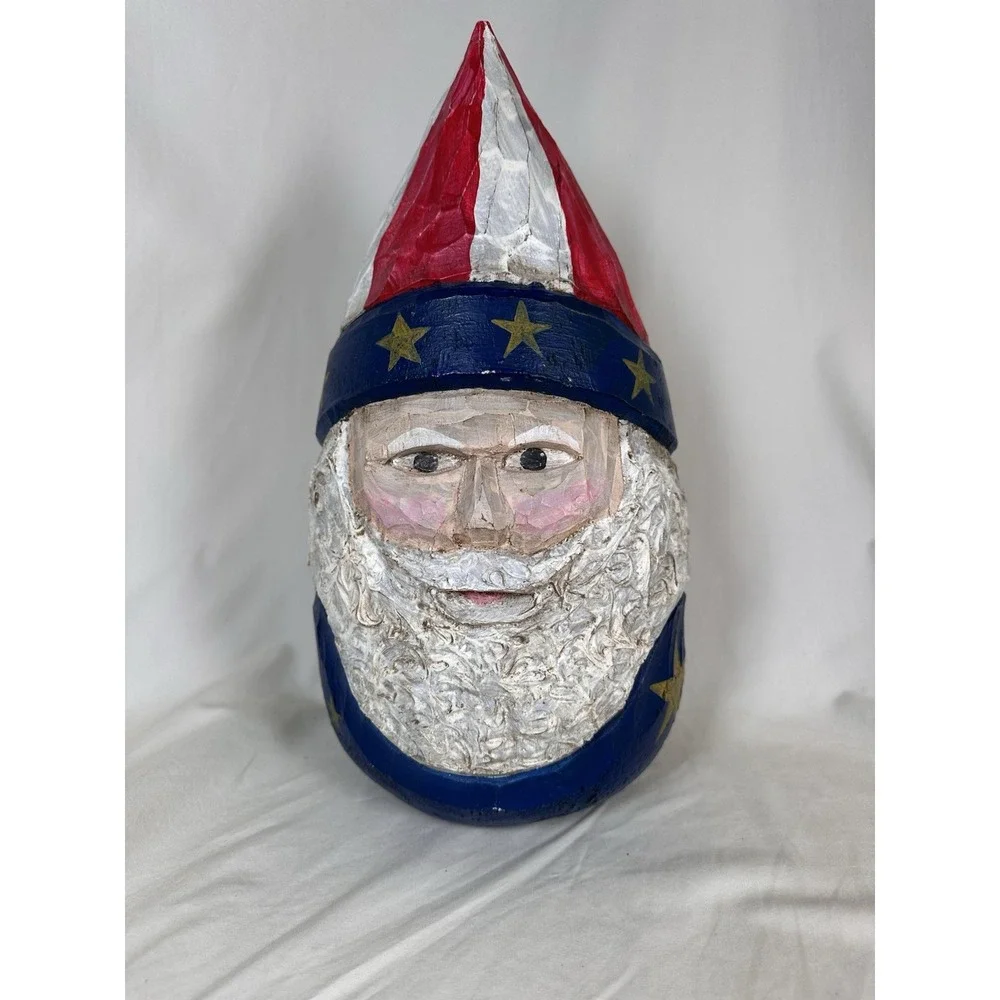Hand Carved Patriotic Santa‎ Figure Red White Blue Americana Folk Art Decoration