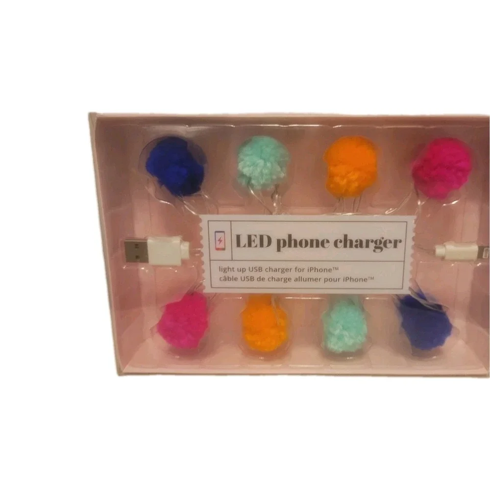 Led iPhone Charger Lights Up With Colored Pom Poms New In Box iPhone 5,6,7‎