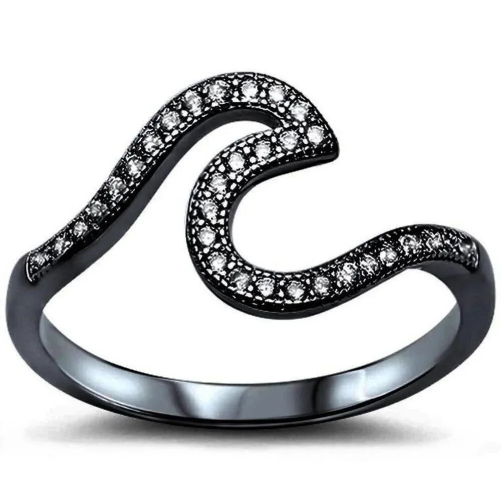 Black-Plated Sterling Silver Wave Ring with White Topaz Size 5