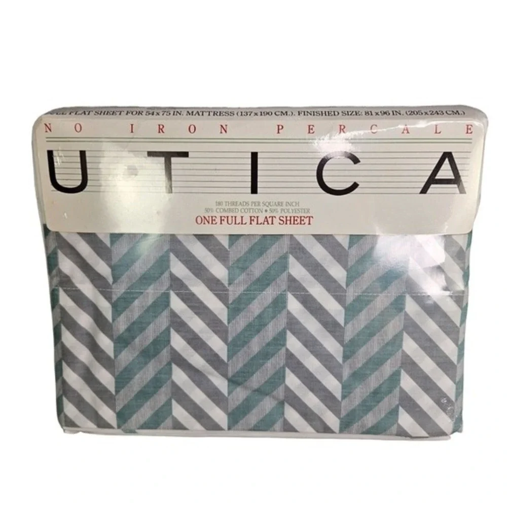 Utica Full Flat Sheet Gray Border No‎ Iron Percale Cotton Blend New Bedding READ