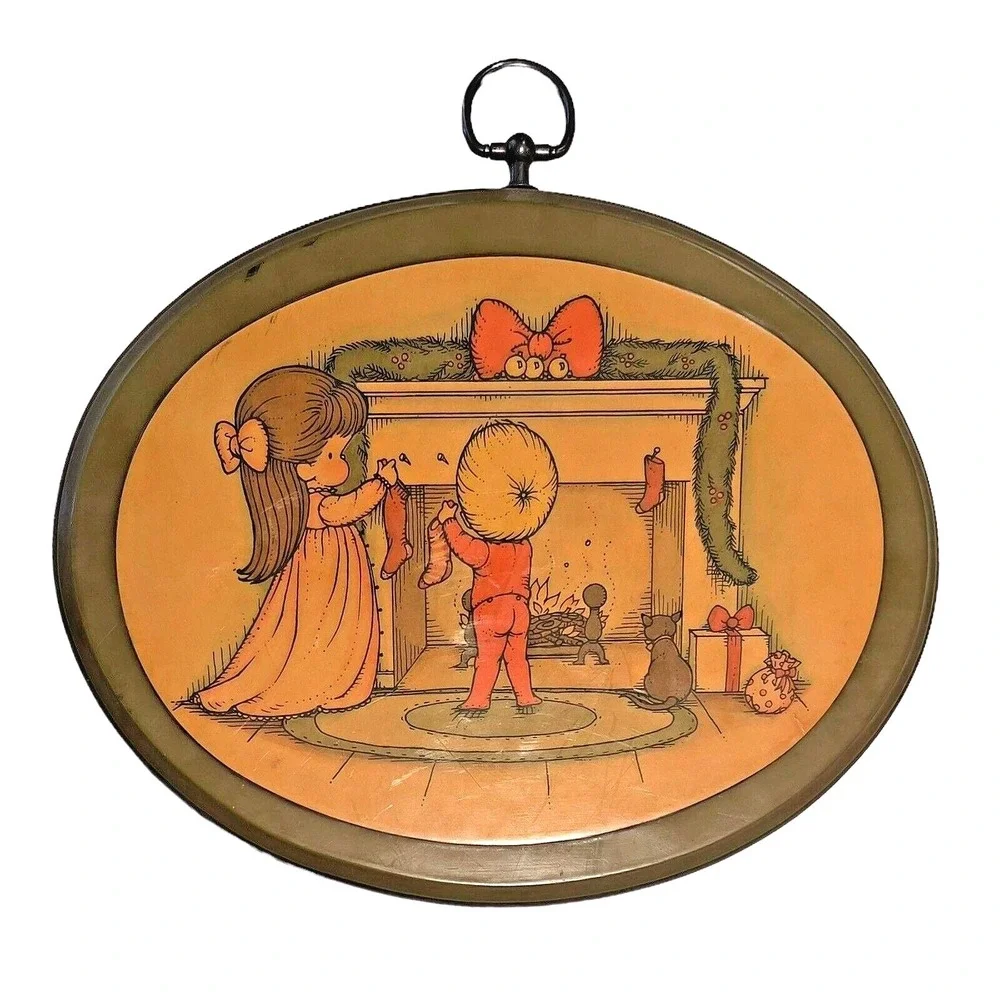 Vintage Joan Walsh Anglund‎ Decoupage Christmas Plaque Children by Fireplace