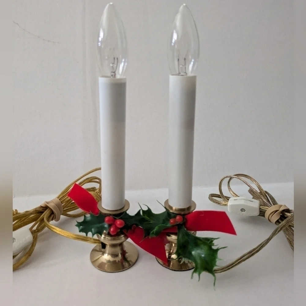 70's Brass Electric Faux Christmas Candlestick Window Lamp. Set of 2