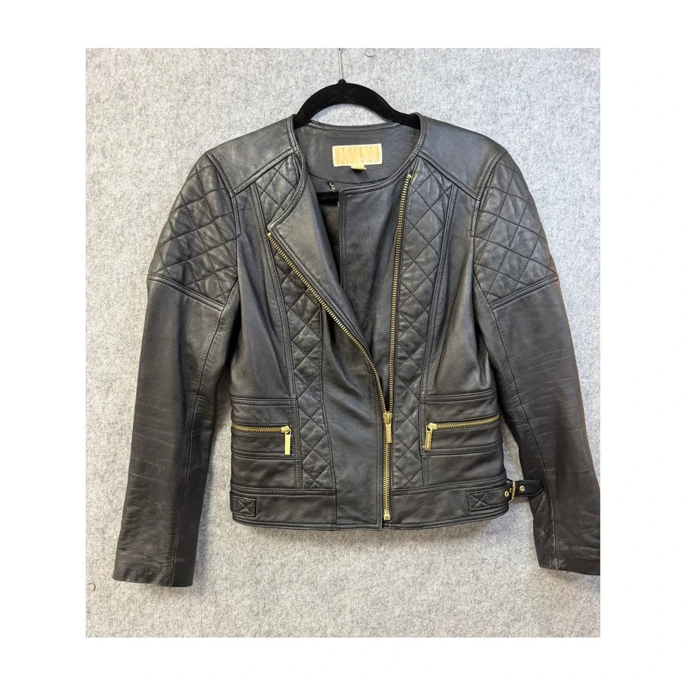 Michael Kors Womens Black Quilted Leather Moto Jacket Gold‎ Hardware Size S